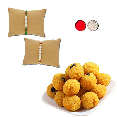 "Infinite Pearl Rakhi Combo - JPRAK-23-02 (2 Rakhis), 500gms of Laddu - Click here to View more details about this Product